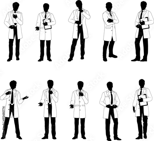 Men in lab coats silhouette scientists, engineers or professors set. Some holding clipboards or checklists. Maybe chemists, science teachers or pharmacists doing experiments or surveying.