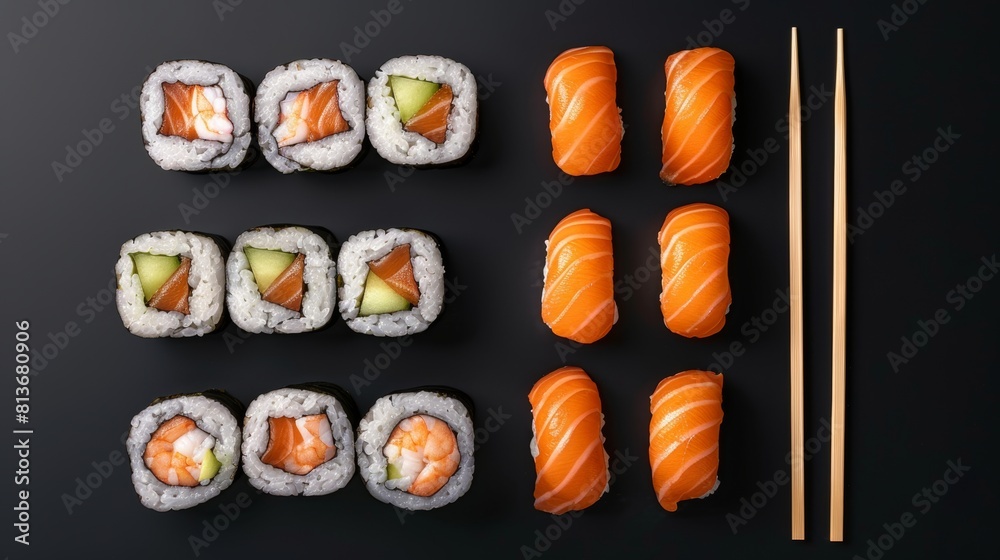 High-quality top view of sushi rolls with salmon and shrimp, chopsticks set to lift, isolated background for advertising High-quality top view of sushi rolls with salmon and shrimp, chopsticks set to lift, isolated background for advertising