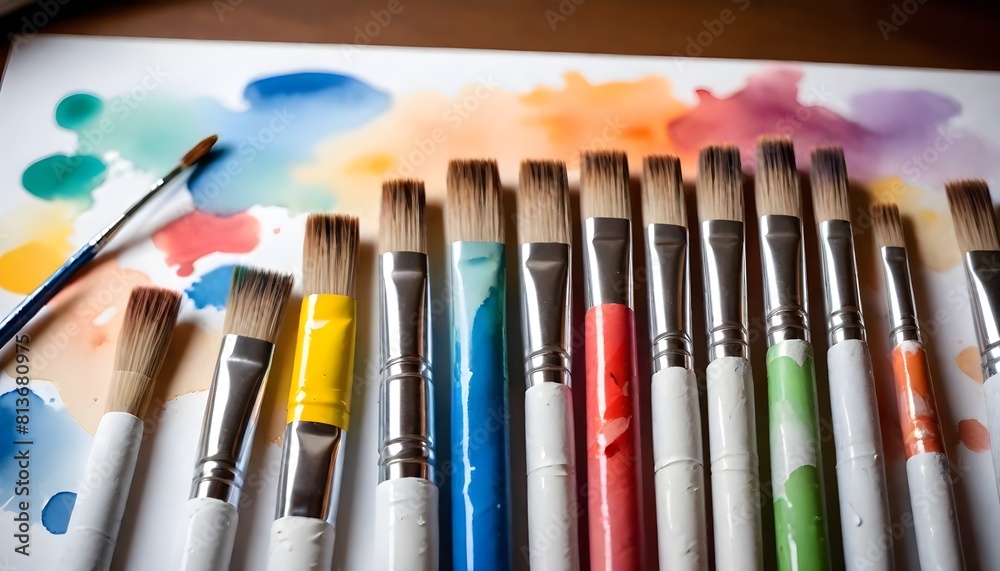 Several paint brushes are arranged on a piece of paper Several paint brushes are arranged on a piece of paper