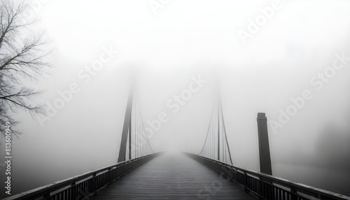 A black and white image of a bridge covered in fog, creating a mysterious and atmospheric scene