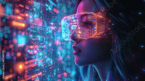 Futuristic Woman with Smart Glasses Analyzing Glowing Digital Data Interfaces