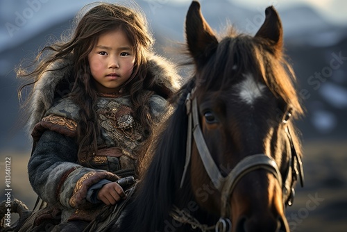 Young girl in traditional attire rides a horse against a mountain backdrop, depicting nomadic life