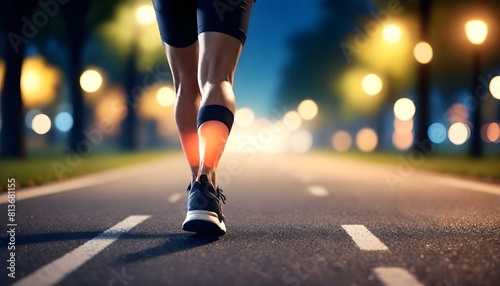 A person jogging along an illuminated road at night, the darkness around them broken only by streetlights