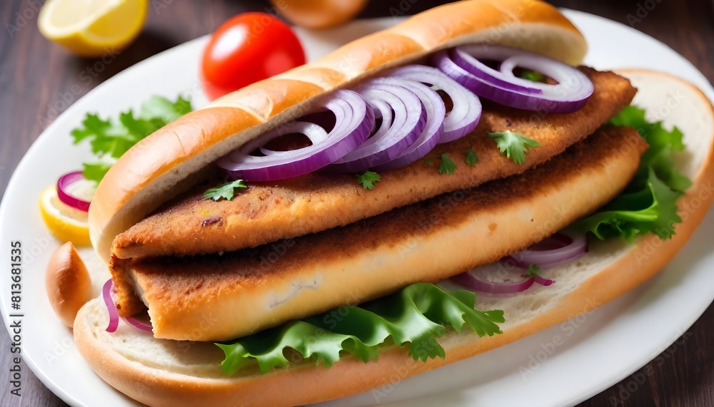 A fish sandwich topped with onions and tomatoes served on a white plate