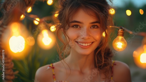 Radiant Young Woman Enjoying a Festive Evening Outdoors with Fairy Lights