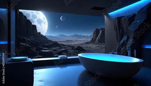 A futuristic bathroom with a bathtub offering a stunning view of the moon through a large window