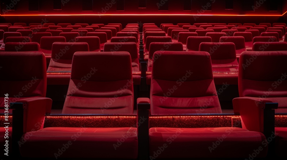 High-detail close-up of vacant red cinema seats, emphasizing comfort and isolated against a dark background for advertising High-detail close-up of vacant red cinema seats, emphasizing comfort and isolated against a dark background for advertising