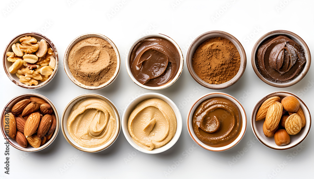 Set of nut butter on white background Set of nut butter on white background