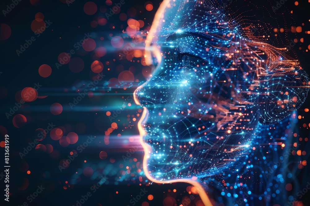 Neon Dreams: Cosmic Profile of a Woman with Starry Energy Flow Neon Dreams: Cosmic Profile of a Woman with Starry Energy Flow