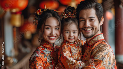 Happy Family Celebrating New Year in Traditional Chinese Attire With Lanterns in Background