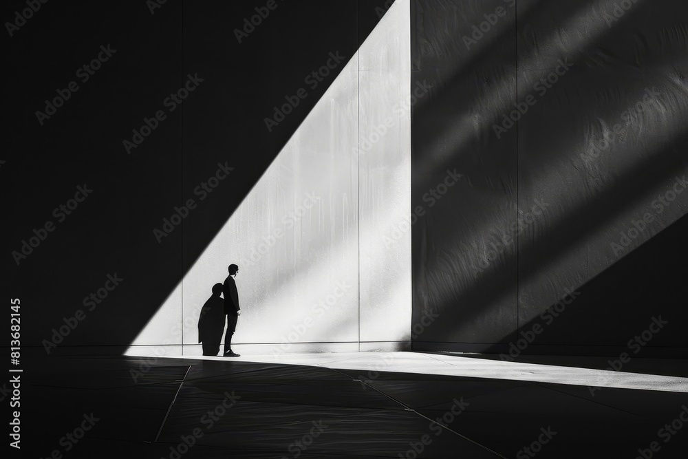 Silhouette in Shadows: Solitary Figure Walking Beside Textured Wall Under the Canopy of Light and Shadow