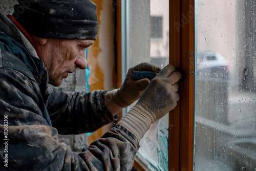 Skilled Worker Scraping Frost off Window Frame on Cold Winter Day