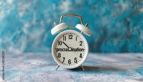 Alarm Clock with Procrastination Message on a Blurry Blue Background