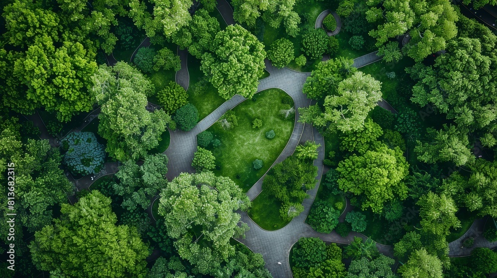 Close aerial shot of a park with intricate greenery and paths, offering maximum focus and clarity on an isolated background Close aerial shot of a park with intricate greenery and paths, offering maximum focus and clarity on an isolated background
