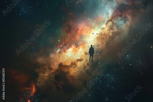 Cosmic Odyssey: Man Standing in Awe Before a Vast and Colorful Nebula in Deep Space