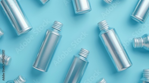 Close, advertising-focused top view of aluminum deodorant spray bottles on a clean, isolated background, lit perfectly under studio lights