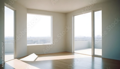 A room with expansive windows and a wooden floor  devoid of furniture or occupants