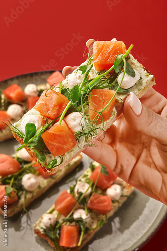 Female hand holding bruschetta with salmon gravlax, bocconcini and herbs photo