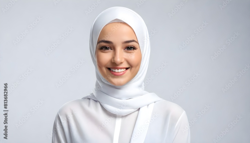 A young Muslim woman dressed in traditional attire, wearing a white hijab A young Muslim woman dressed in traditional attire, wearing a white hijab