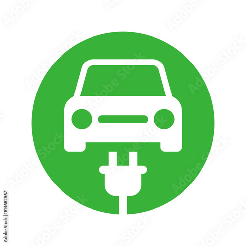 Electric car with plug icon, EV car charging circle sign, Green hybrid vehicles charging point, Eco friendly vehicle concept, Vector illustration