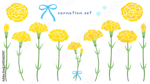 Set of yellow carnations, simple hand-drawn illustration inspired by Father's Day / 黄色いカーネーションのセット、父の日をイメージしたシンプルな手描きイラスト