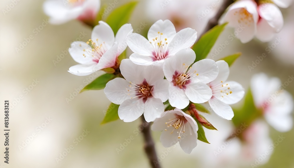 A detailed view of white flowers blooming on a branch, showcasing their delicate petals and green leaves A detailed view of white flowers blooming on a branch, showcasing their delicate petals and green leaves