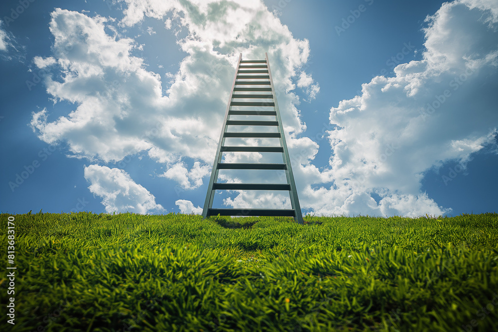 stairway to the sky, A tall step ladder stretches towards the sky, disappearing into a sea of fluffy white clouds