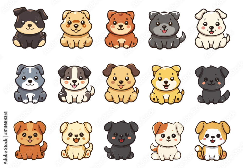 Cute dogs set. Funny puppies, tiny kawaii dog with adorable face. Children mascots, flat vector stickers