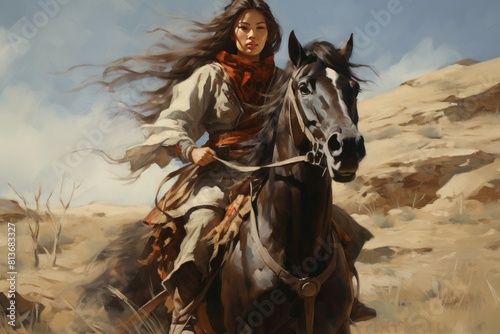 Fierce female warrior gallops on her steed across a windswept terrain