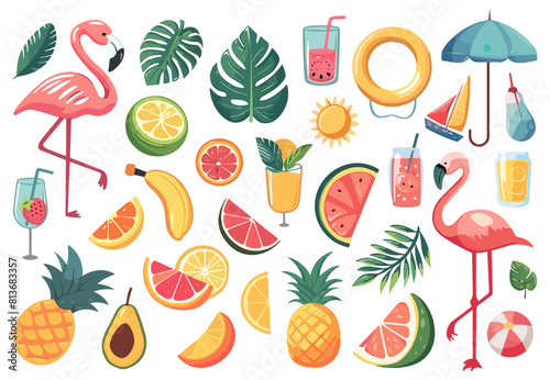 Cute summer elements set. Beach umbrella ball drinks palm leaves. Fuits and flamingo. Simple flat vector cartoon style