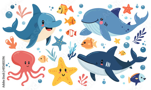 Cute ocean animals. Octopus seastar fish shark dolphin whale. Underwater wild characters, funny animal cartoon vector set