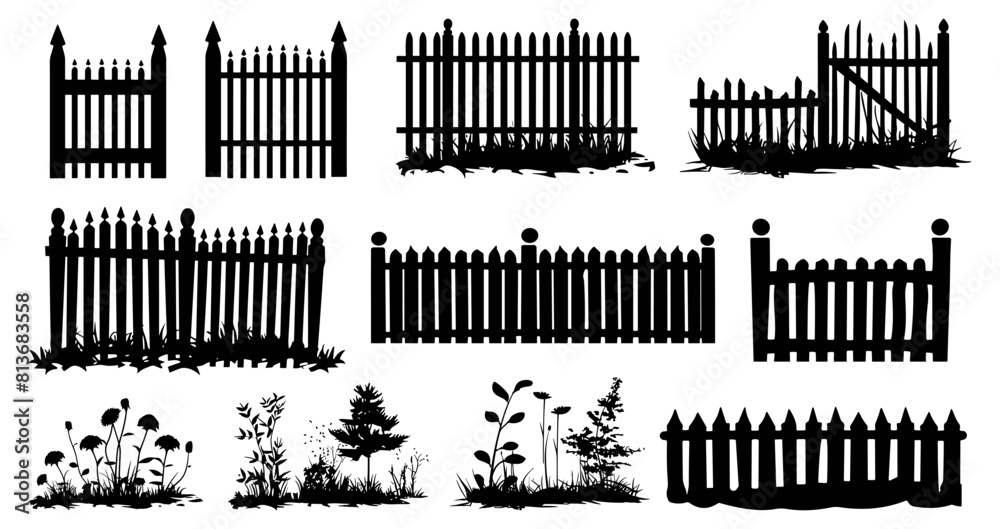 Fence silhouette set. Village barrier. Wild grass and flowers silhouettes. Black flat farm decorations vector collection Fence silhouette set. Village barrier. Wild grass and flowers silhouettes. Black flat farm decorations vector collection