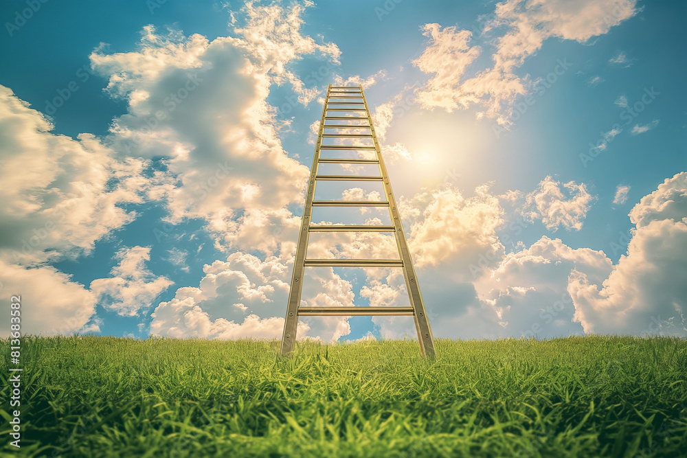 ladder to the sky, A tall step ladder stretches towards the sky, disappearing into a sea of fluffy white clouds