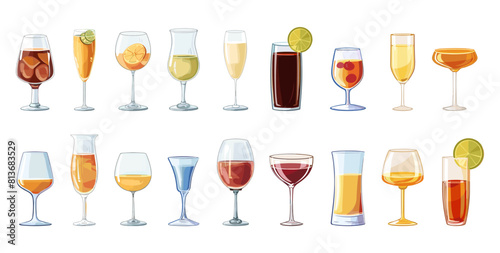 Drinking glasses set. Types of alcoholic drinks and cocktails. Shapes and forms of drinking cups. Flat cartoon vector style
