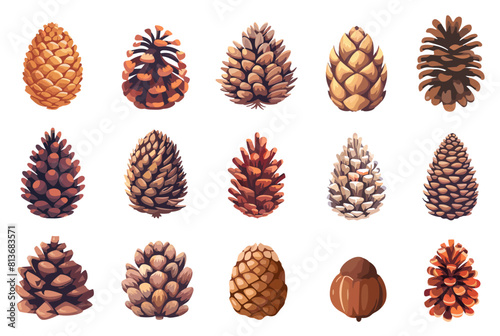Fir or pine cones set. Pinecones, forest trees cones. Brown nature elements, vector cartoon clipart