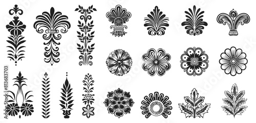 Floral vintage ornaments set. Decorative plants silhouettes decorations. Isolated black rosettes, vector collection photo