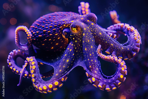 A purple octopus with yellow tentacles swimming in ocean deep