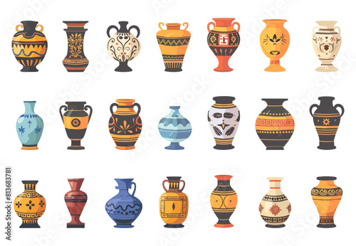 Greek vases set. Ceramic vessel and jars. Ornamental vase for home decor. Flat vector house accessories collection