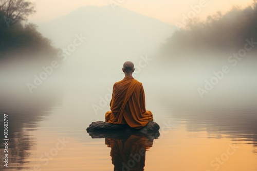 Contemplative Monk fog sitting lake. Mist morning. Generate Ai