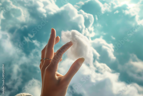 hand in sky, A woman's hand reaches up towards the sky, delicately cradling a fluffy white cloud in her palm