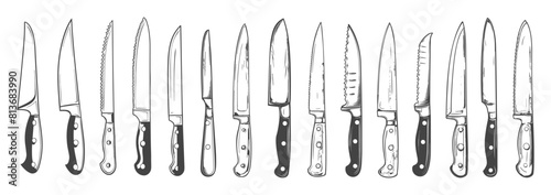 Kitchen knifes set. For bread meat fish vegetables. Chefs equipment for professional cooking Hand drawn sketch style vector clipart