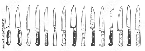 Kitchen knifes set. For bread meat fish vegetables. Chefs equipment for professional cooking Hand drawn sketch style vector clipart © MicroOne