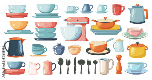 Home stuff set. Kitchen wear, dishes cutlery plates cups pot kettle. Crockery collection, vector cartoon icons