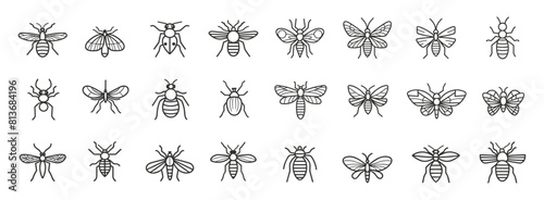 Set of simple insect line icons. Bee mosquito fly beetle. Flying seasonal insects. Outline stroke vector objects