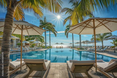 tropical resort pool, Basking in the luxury of a beachfront resort, a pristine swimming pool awaits beneath the golden rays of the summer sun