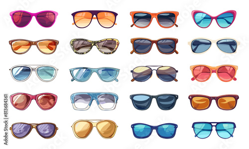 Sunglasses. Stylish plastic eyewear, dark glasses for eye protection. Summer spring trendy accessories vector collection