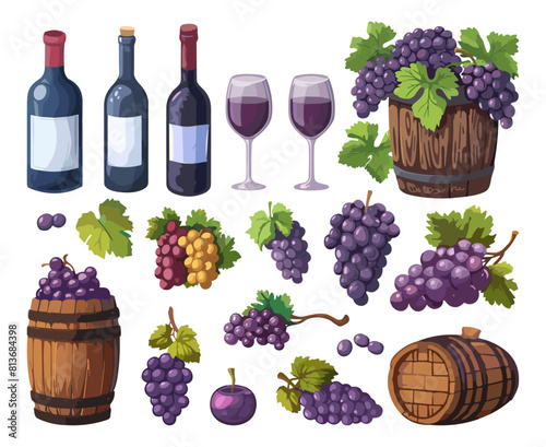 Wine bottles. Grapes set, grapevine vine bowl grape wooden barrels. Agriculture farm elements, drinks and fruits, vector clipart