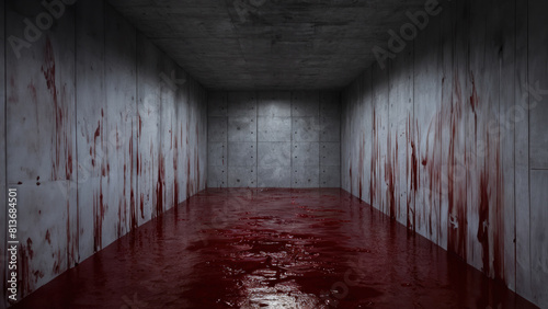 A pool of blood. blood-filled concrete room, a gruesome scene that chills to the bone. Desolate Concrete Chamber: Blood-Drenched Depths of Dread.  Desolate Concrete Enclave Overflowing with Blood. © ana