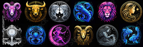 Astrology Zodiac Signs Banner on Black Background. Celestial Horoscope Constellation Symbols Collection. Mystic Cosmic Astrological Concept with Space for Text. Modern Design for Astrology Websites