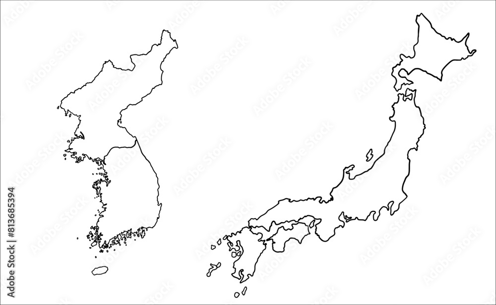 Contour vector drawing of Japan and Korea. Map illustration of East Asian countries.	